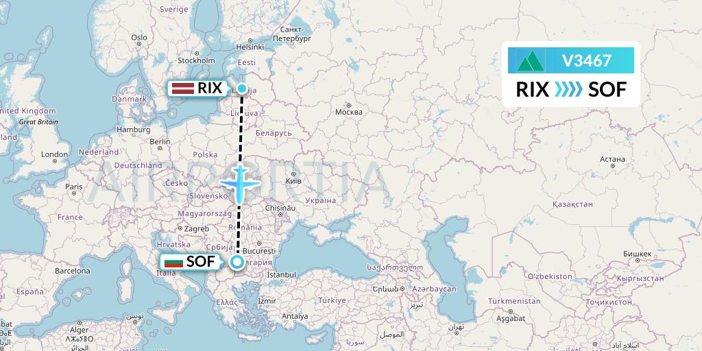 V3467 Carpatair Flight Map: Riga to Sofia