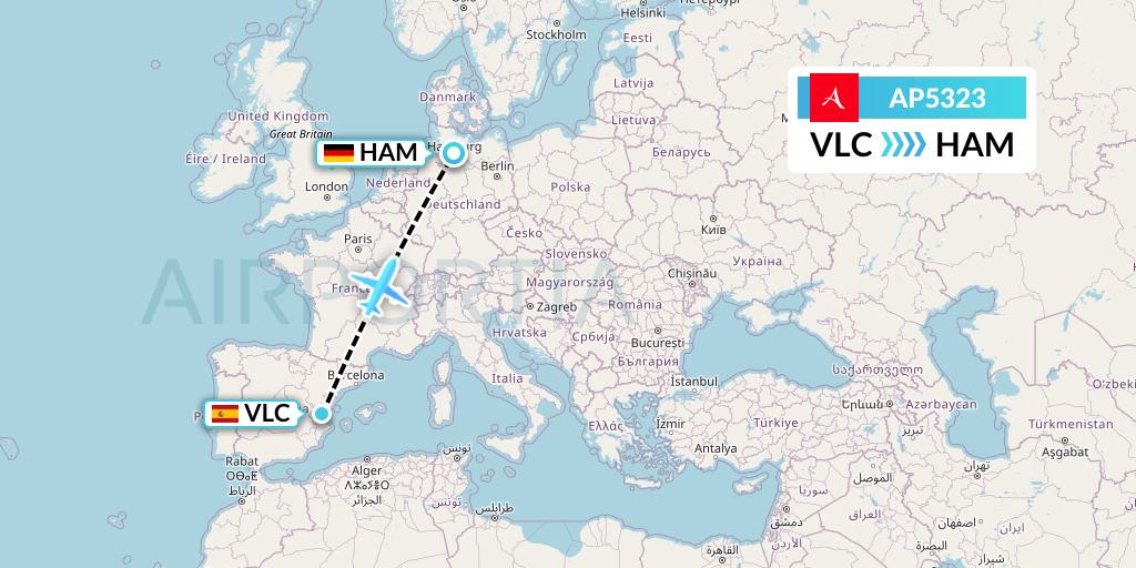 AP5323 AlbaStar Flight Map: Valencia to Hamburg
