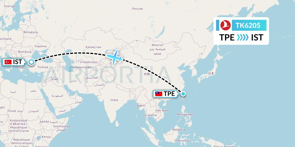 TK6205 Turkish Airlines Flight Map: Taipei to Istanbul
