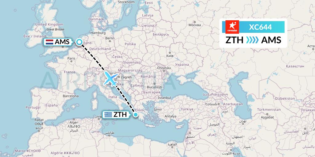 XC644 Corendon Airlines Flight Map: Zakynthos to Amsterdam