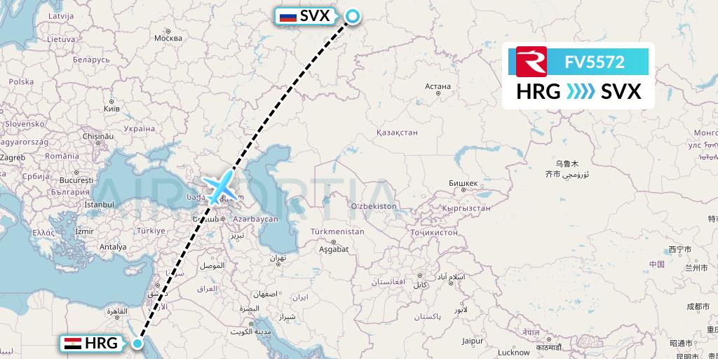 FV5572 Rossiya Flight Map: Hurghada to Yekaterinburg