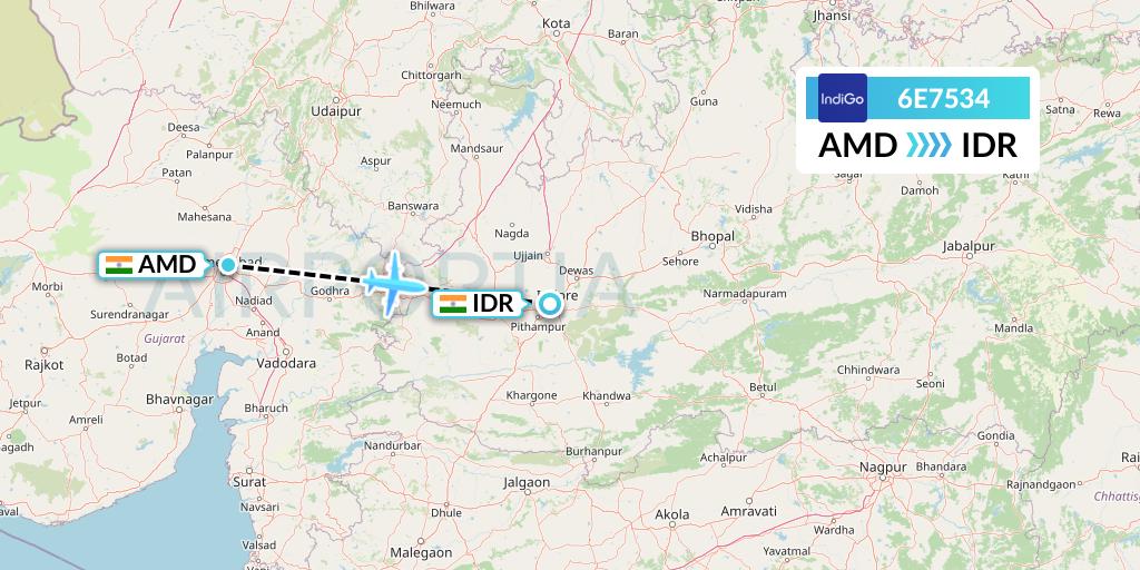 6E7534 IndiGo Airlines Flight Map: Ahmedabad to Indore