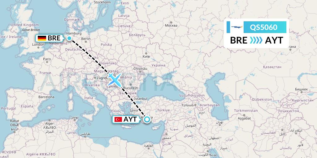 QS5060 Smartwings Flight Map: Bremen to Antalya