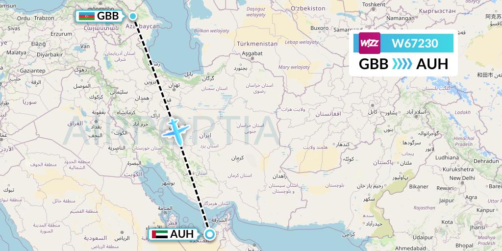W67230 Wizz Air Flight Map: Qabala to Abu Dhabi