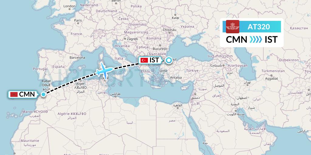 AT320 Royal Air Maroc Flight Map: Casablanca to Istanbul