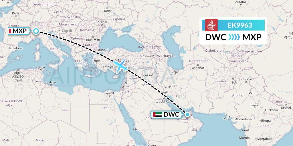 EK9963 Emirates Flight Map: Dubai to Milan