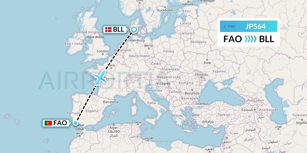 JP564 Adria Airways Flight Map: Faro to Billund