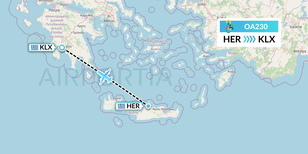 OA230 Olympic Air Flight Map: Heraklion to Kalamata