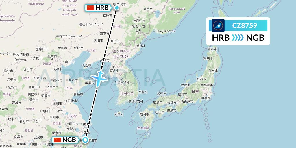 CZ8759 China Southern Airlines Flight Map: Harbin to Ningbo