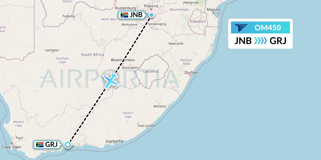 OM450 MIAT Mongolian Airlines Flight Map: Johannesburg to George