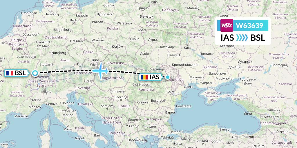 W63639 Wizz Air Flight Map: Iasi to Basel