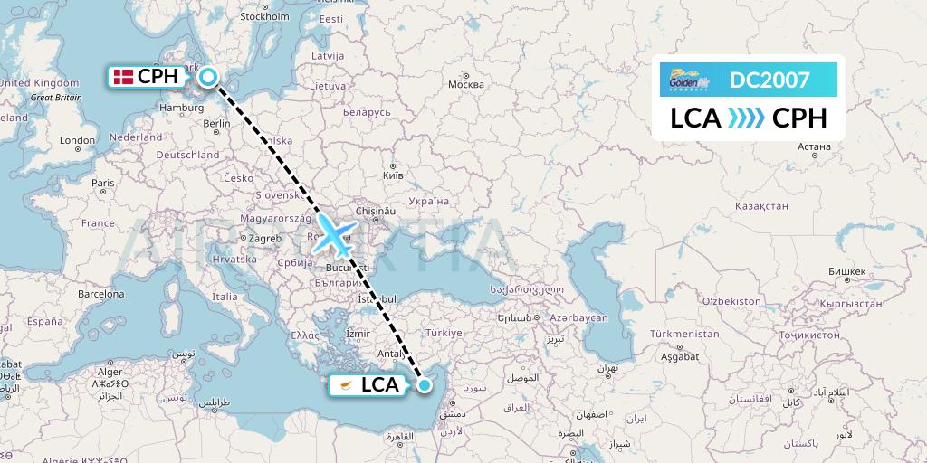 DC2007 Braathens Regional Flight Map: Larnaca to Copenhagen