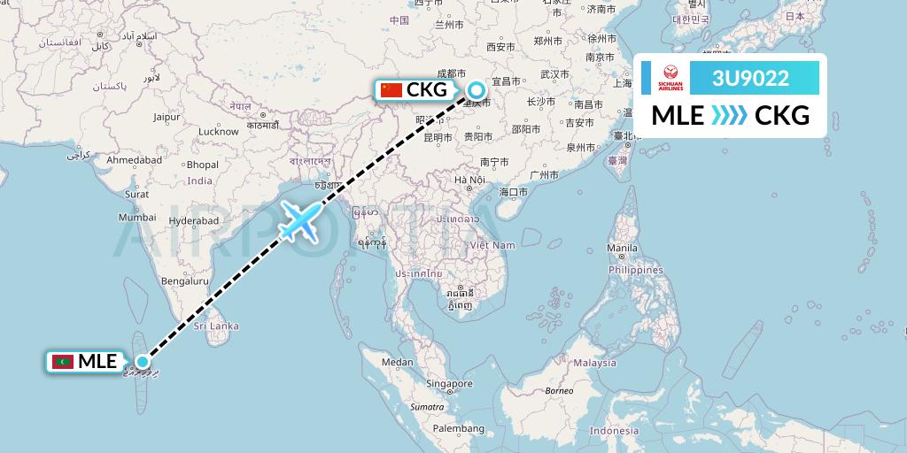 3U9022 Sichuan Airlines Flight Map: Male to Chongqing