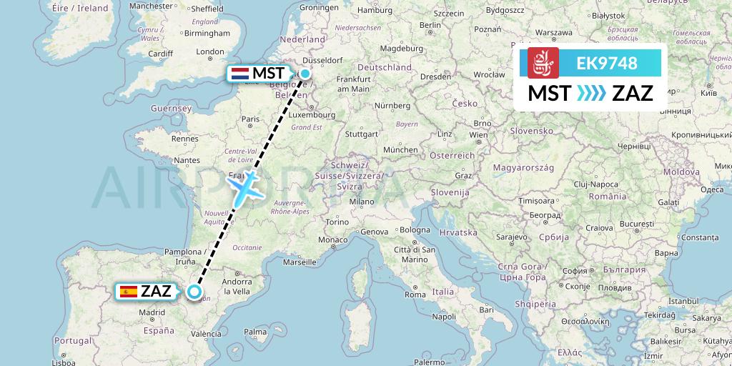 EK9748 Emirates Flight Map: Maastricht to Zaragoza