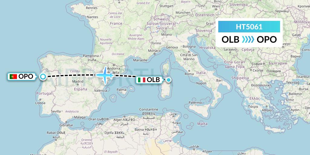 HT5061 Ningxia Cargo Airlines CO.,LTD Flight Map: Olbia to Porto