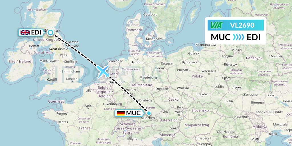 VL2690 Air Via Flight Map: Munich to Edinburgh