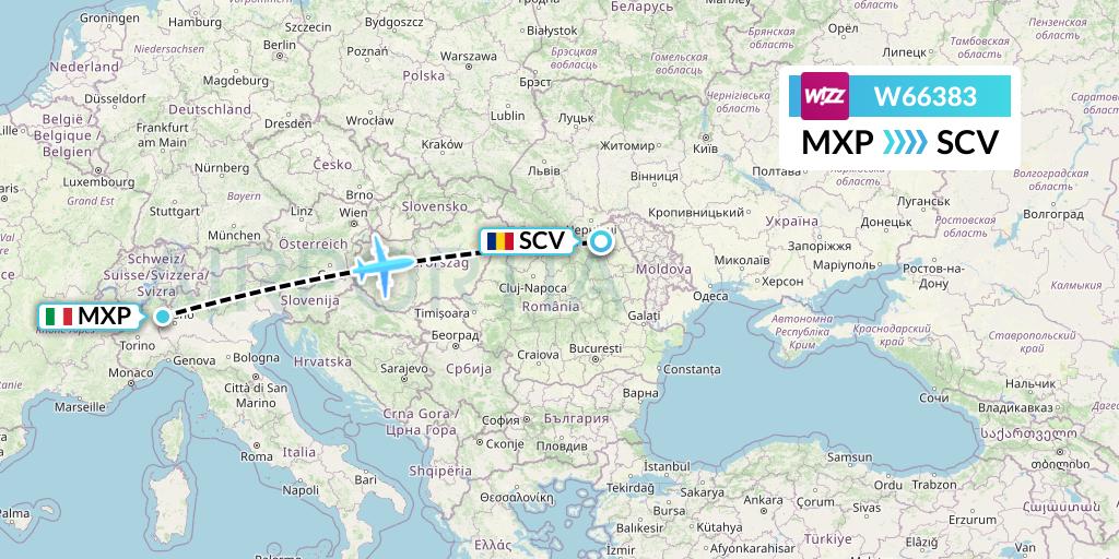 W66383 Wizz Air Flight Map: Milan to Suceava