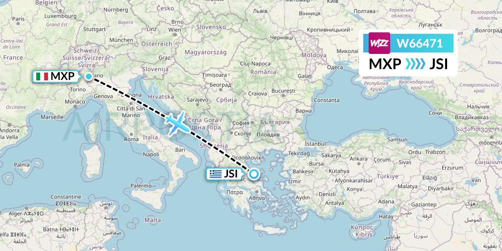 W66471 Wizz Air Flight Map: Milan to Skiathos