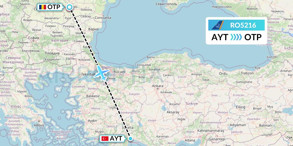 RO5216 Tarom Flight Map: Antalya to Bucharest