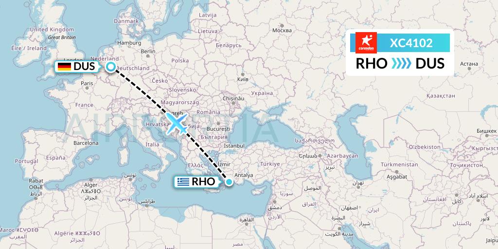 XC4102 Corendon Airlines Flight Map: Rhodes to Dusseldorf
