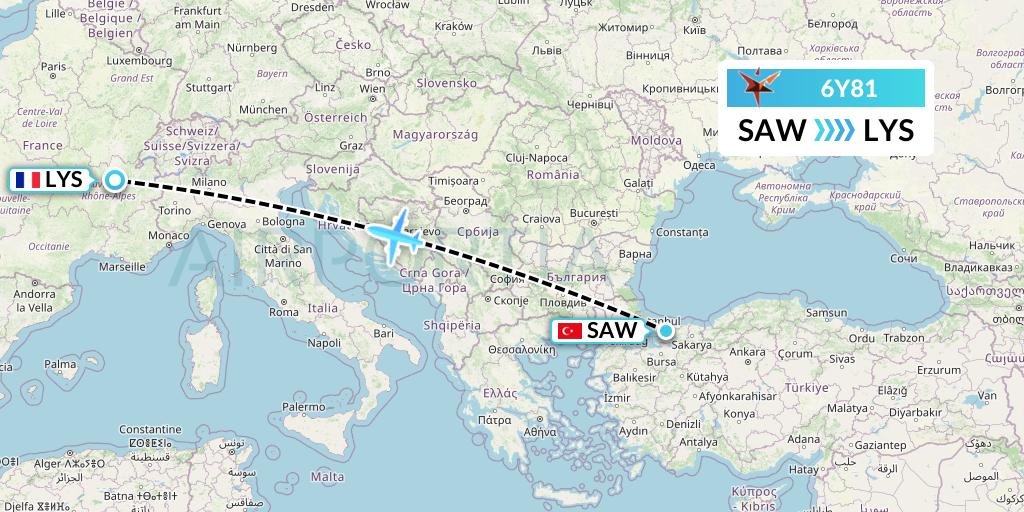 6Y81 SmartLynx Flight Map: Istanbul to Lyon