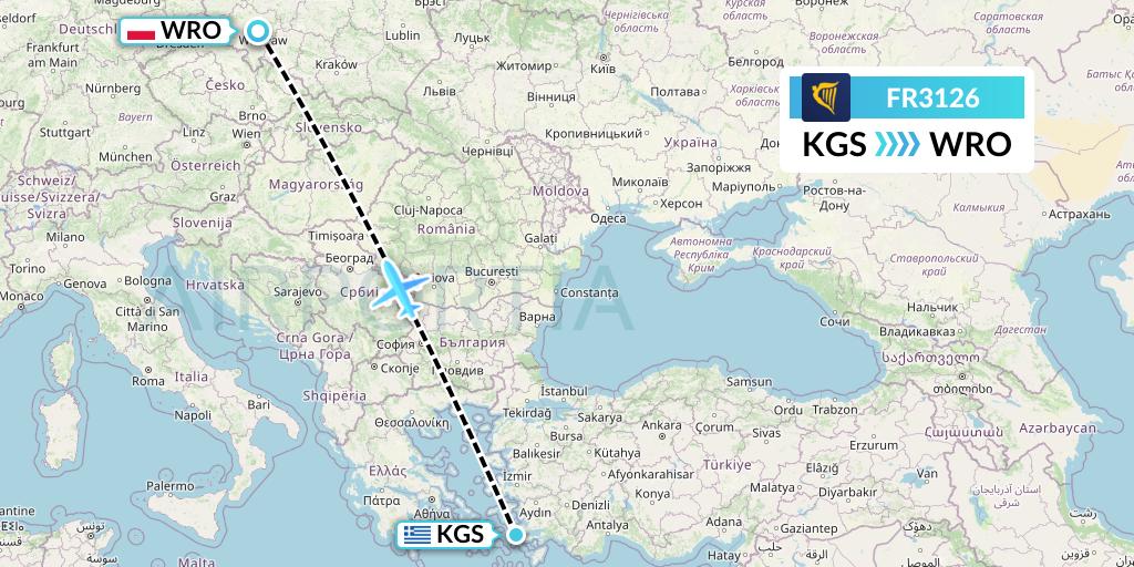 FR3126 Ryanair Flight Map: Kos to Wroclaw