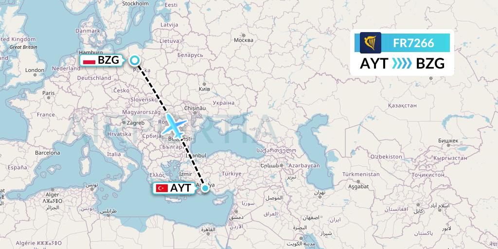 FR7266 Ryanair Flight Map: Antalya to Bydgoszcz