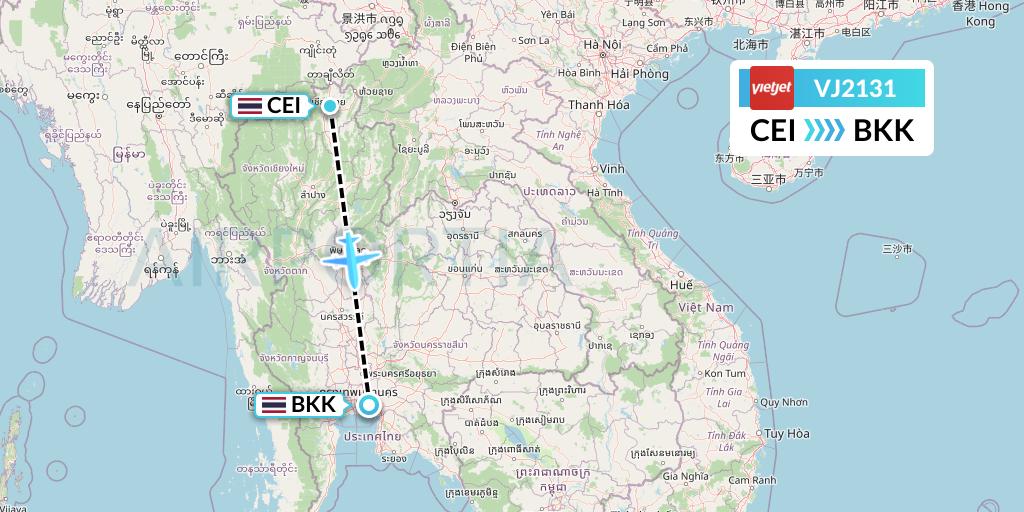 VJ2131 VietJet Air Flight Map: Chiang Rai to Bangkok