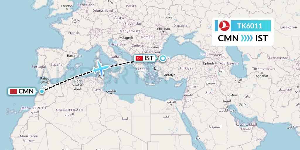 TK6011 Turkish Airlines Flight Map: Casablanca to Istanbul