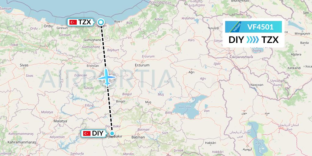 VF4501 ValuAir Flight Map: Diyarbakir to Trabzon