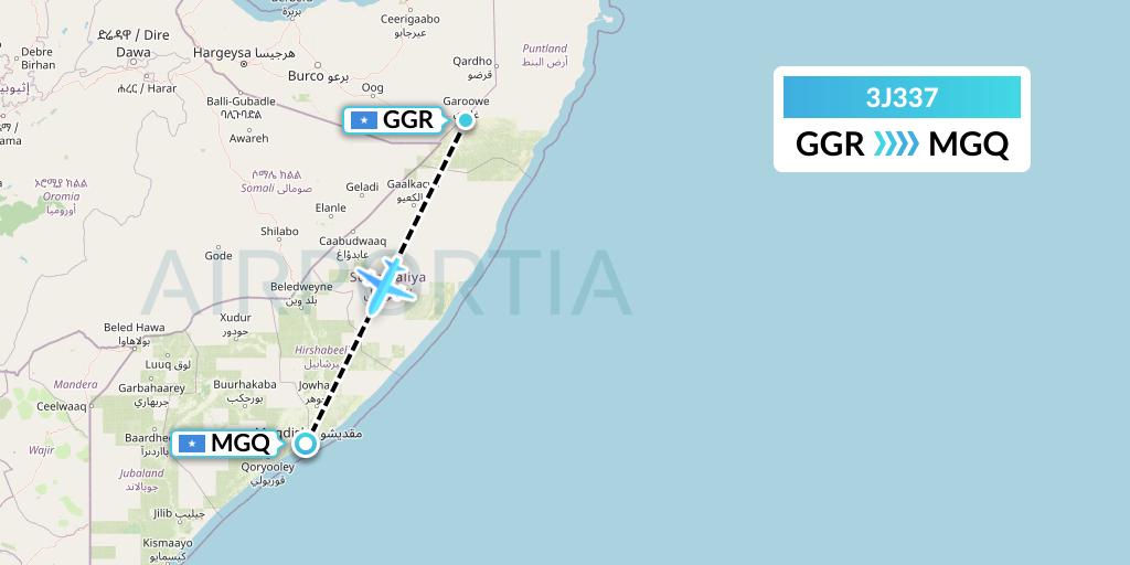 3J337 Jubba Airways Flight Map: Garoe to Mogadishu