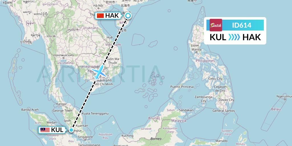 ID614 Batik Air Flight Map: Kuala Lumpur to Haikou