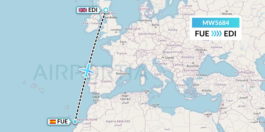 MW5684 Mokulele Flight Service Flight Map: Fuerteventura to Edinburgh
