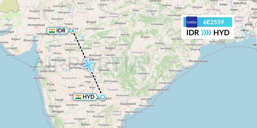 6E2559 IndiGo Airlines Flight Map: Indore to Hyderabad