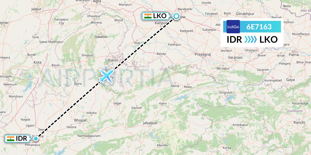 6E7163 IndiGo Airlines Flight Map: Indore to Lucknow