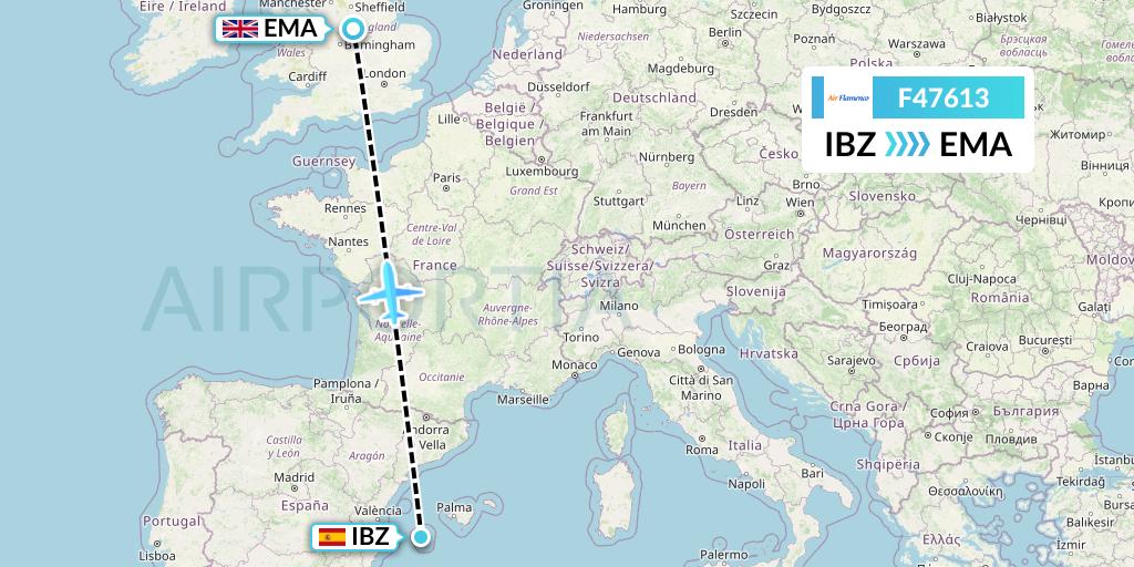 F47613 Air Flamenco Flight Map: Ibiza to East Midlands