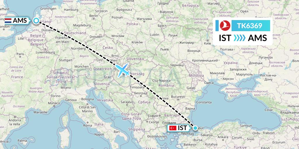 TK6369 Turkish Airlines Flight Map: Istanbul to Amsterdam