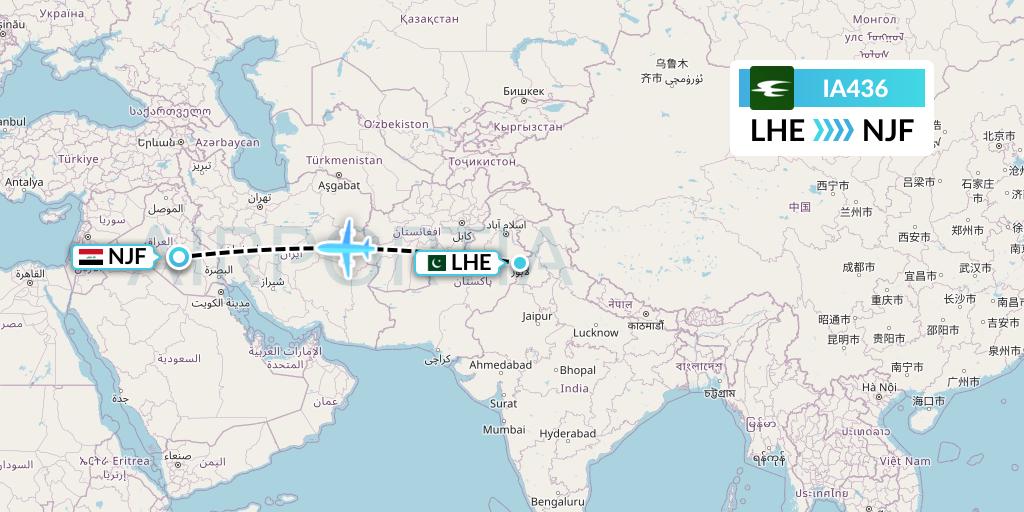 IA436 Iraqi Airways Flight Map: Lahore to Najaf