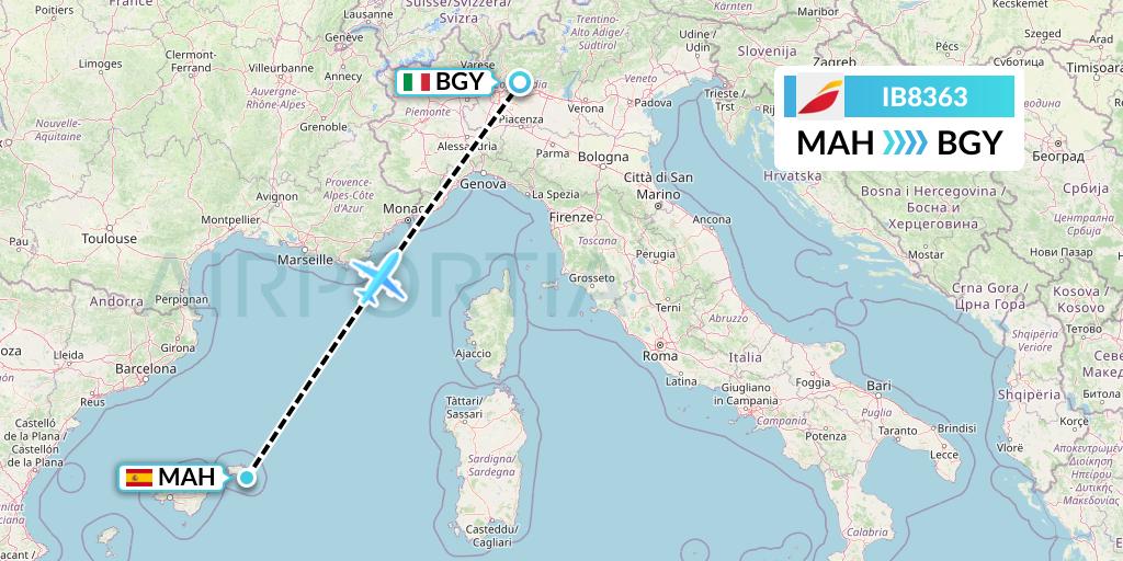 IB8363 Iberia Flight Map: Mahon to Milan