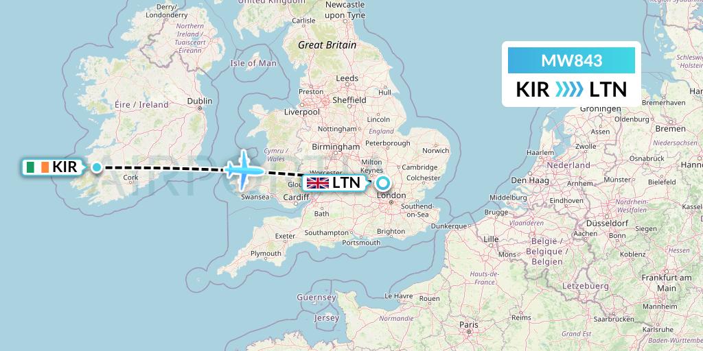 MW843 Mokulele Flight Service Flight Map: Kerry to London