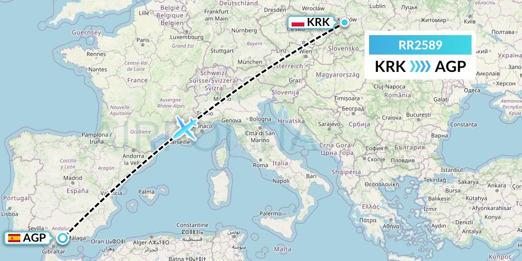 RR2589 Royal Air Force Flight Map: Krakow to Malaga