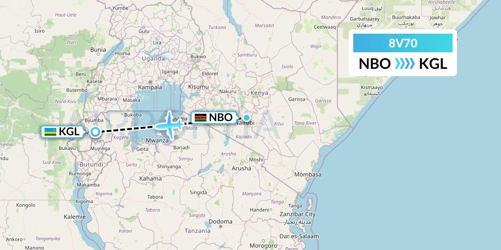 8V70 Wright Air Service Flight Map: Nairobi to Kigali