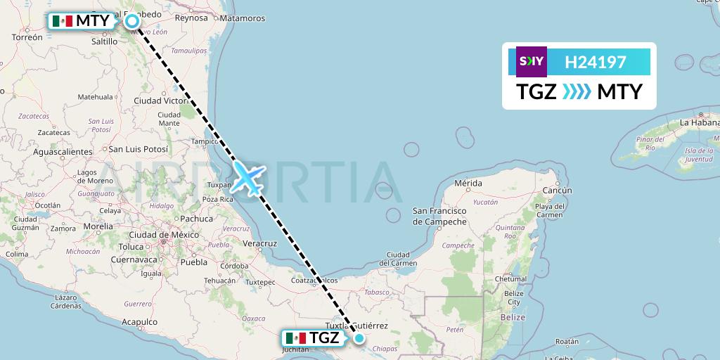 H24197 Sky Airline Flight Map: Tuxtla Gutierrez to Monterrey