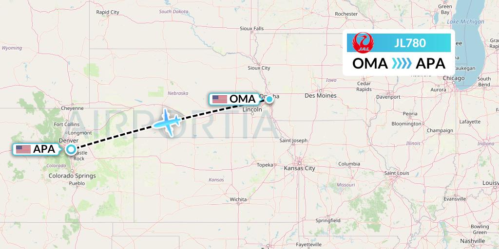 JL780 Japan Airlines Flight Map: Omaha to Denver