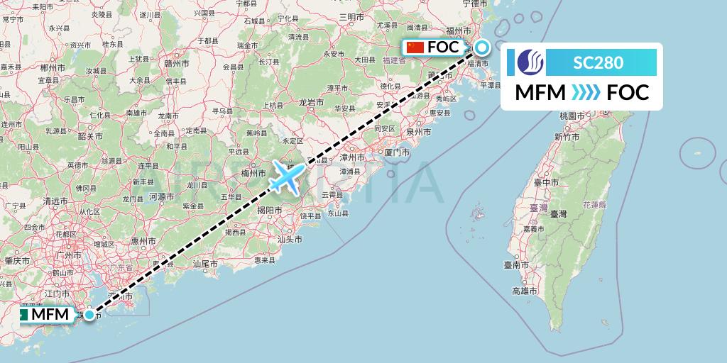 SC280 Shandong Airlines Flight Map: Macau to Fuzhou