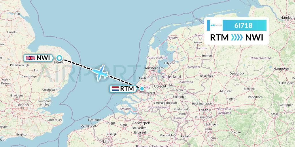 6I718 Air Alsie Flight Map: Rotterdam to Norwich