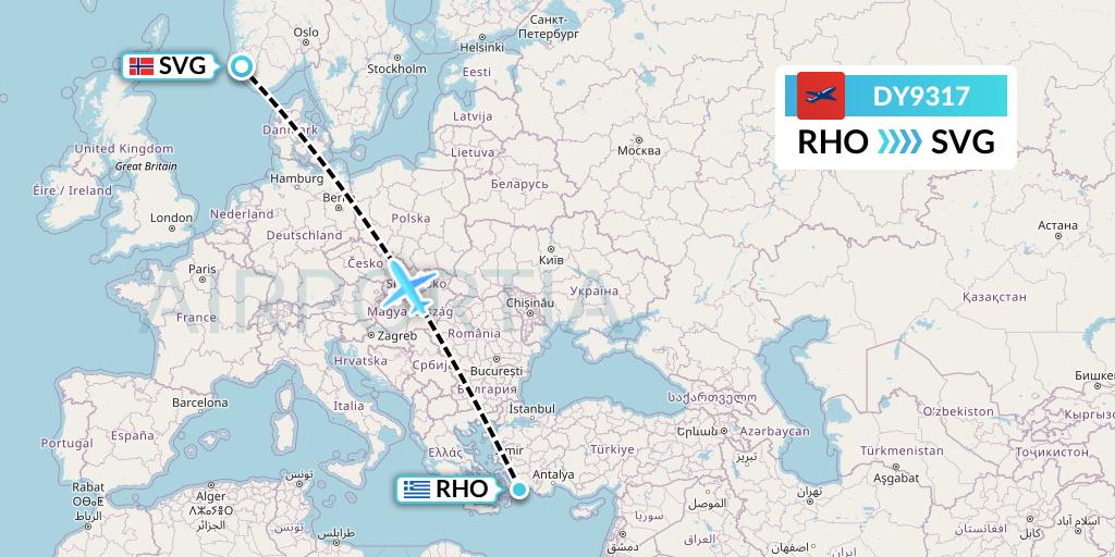 DY9317 Norwegian Flight Map: Rhodes to Stavanger