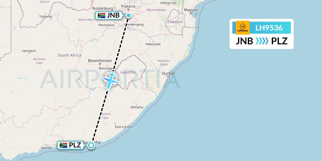 LH9536 Lufthansa Flight Map: Johannesburg to Port Elizabeth