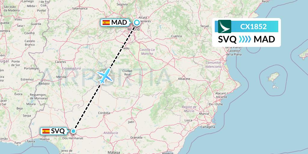 CX1852 Cathay Pacific Flight Map: Seville to Madrid