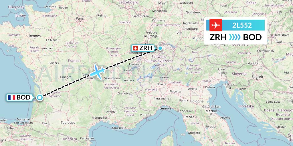 2L552 Helvetic Airways Flight Map: Zurich to Bordeaux